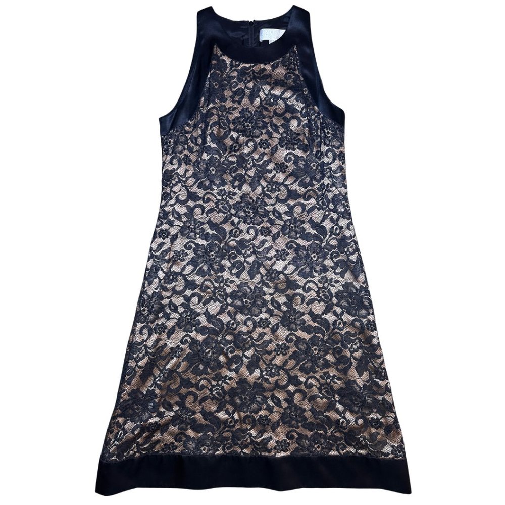 Badgley Mischka Black Floral Lace Satin Sleeveless Cocktail Dress Size Small - Picture 3 of 7